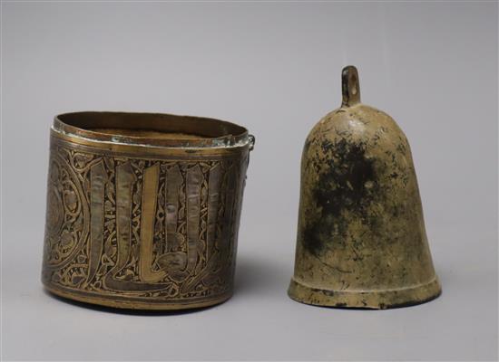 A brass inlaid pot and a bell